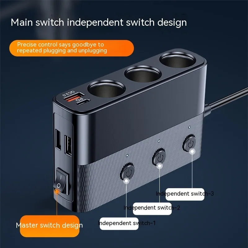 Black vehicle cigarette lighter USB charger with PD and QC3.0 ports for 12V-24V car systems