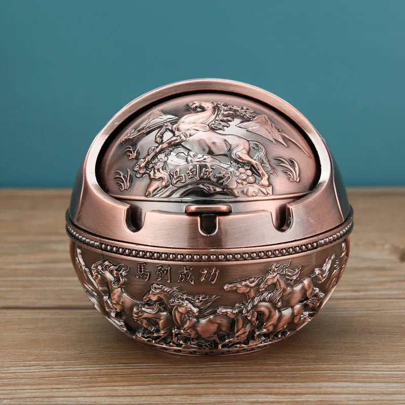 Creative bronze and red copper alloy ashtray with smoke extinguishing slot in various decorative styles.