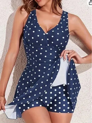 Blue polka dot print plus size women's bikini swimsuit with briefs style shorts