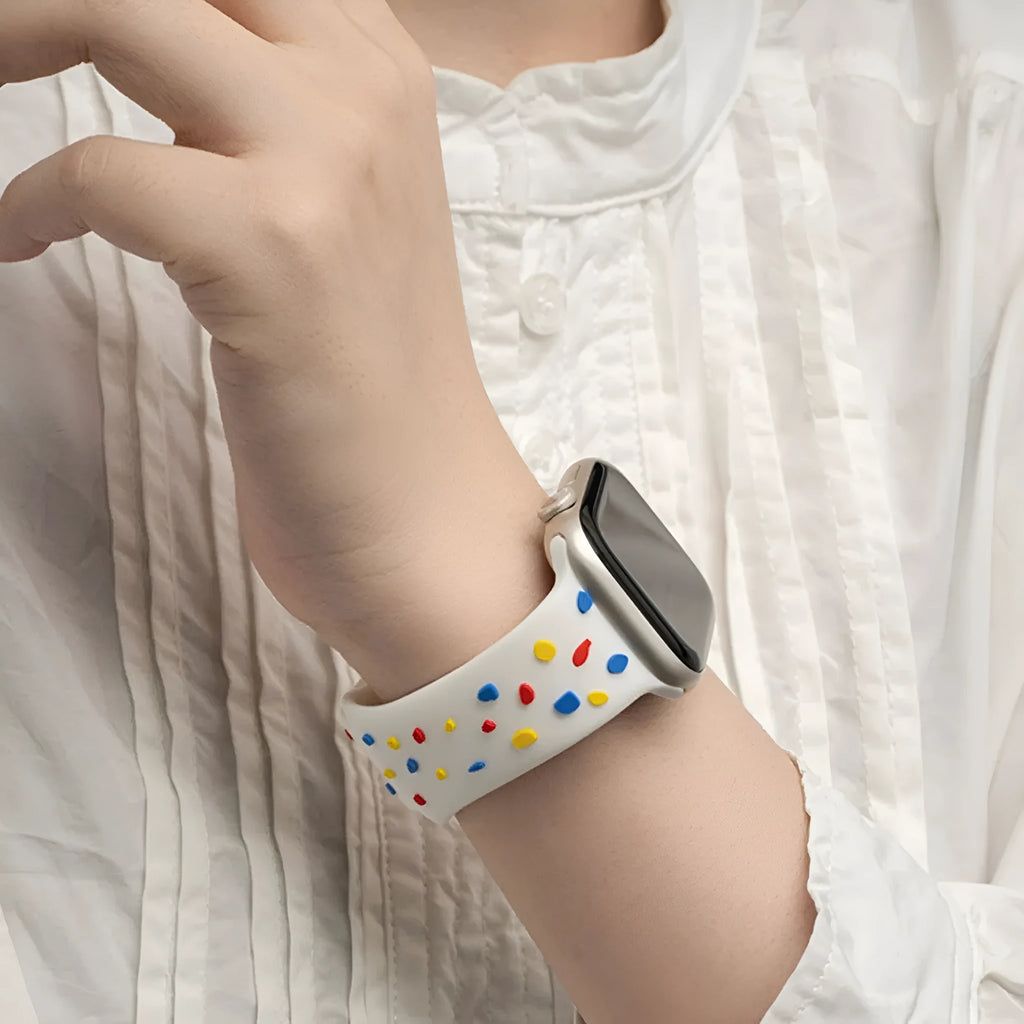 Silicone watch strap with coloured dots for Apple Watch, white with red and blue dots pattern
