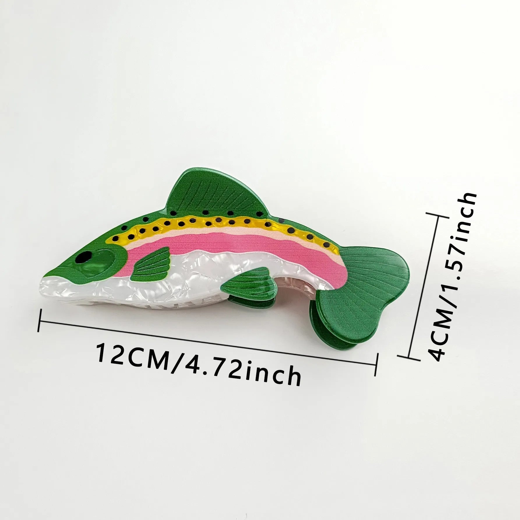 Dark green PVC hair clip featuring a printed rainbow trout and carp design.