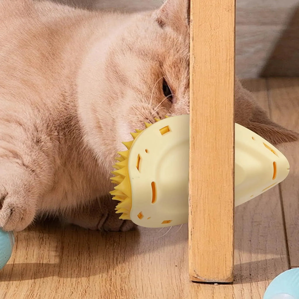 Yellow durian-shaped cat corner scratcher with textured surface and included mint powder packet