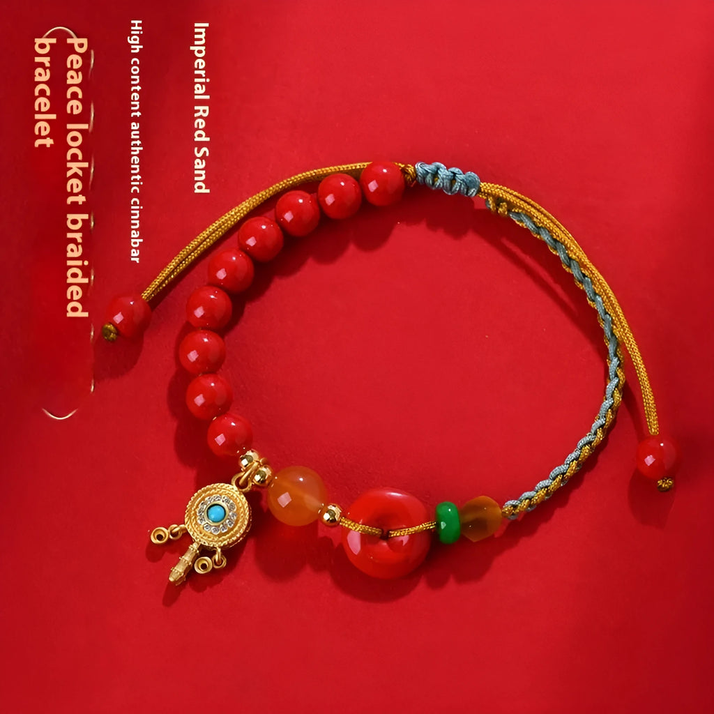 Red cinnabar bracelet with geometric patterns and peace buckle closure