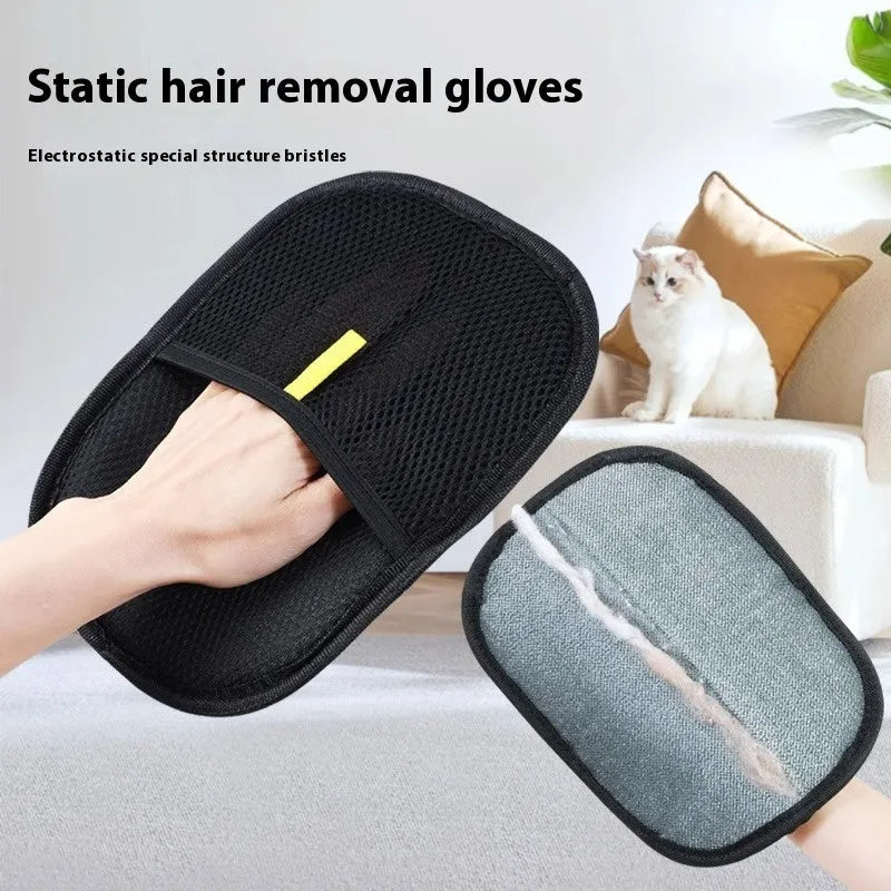 Black pet hair removal glove with silicone brushes on both sides, measuring 24cm by 16cm