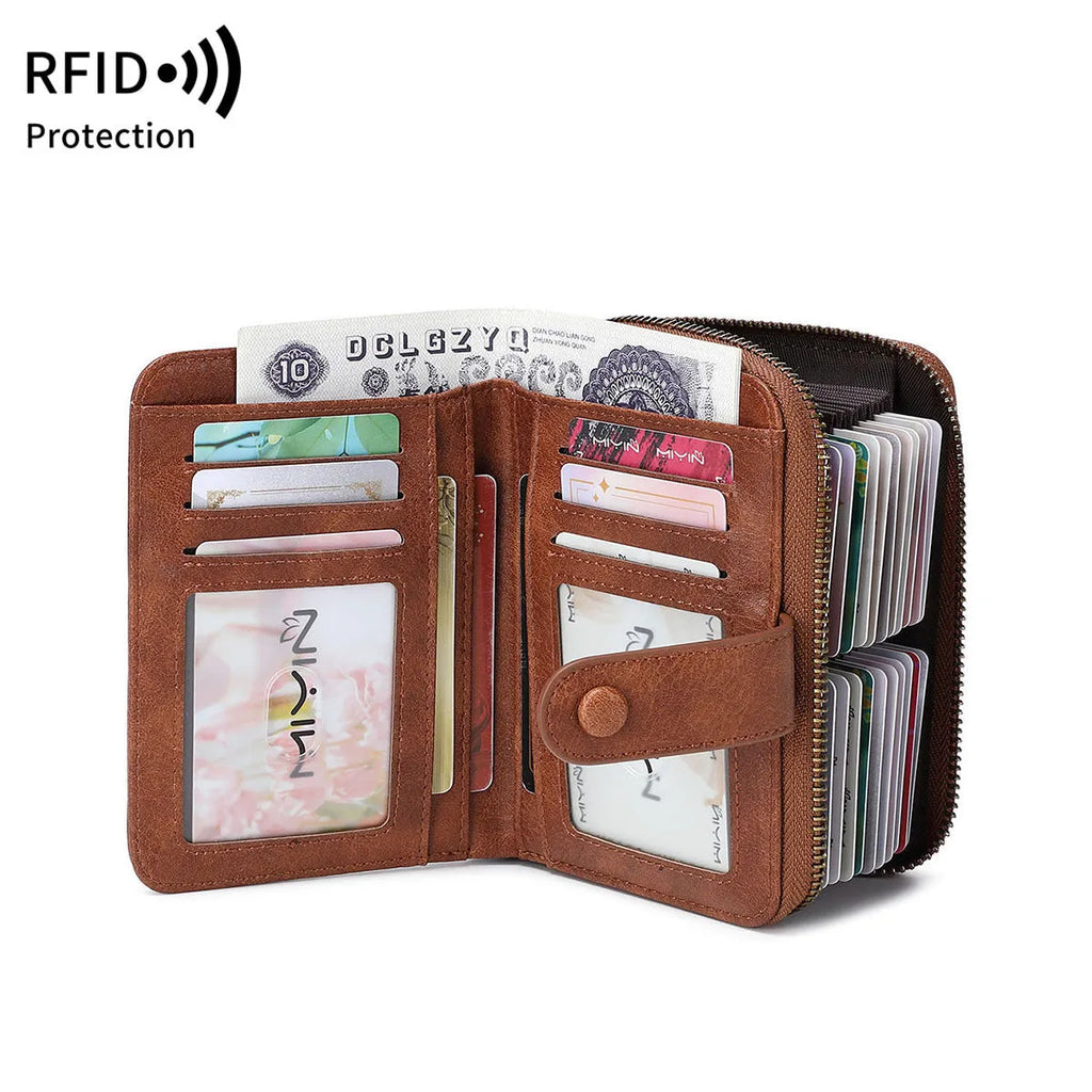 Small retro wallet with zipper closure in leopard print pattern showing hollow detailing and contrast stitching