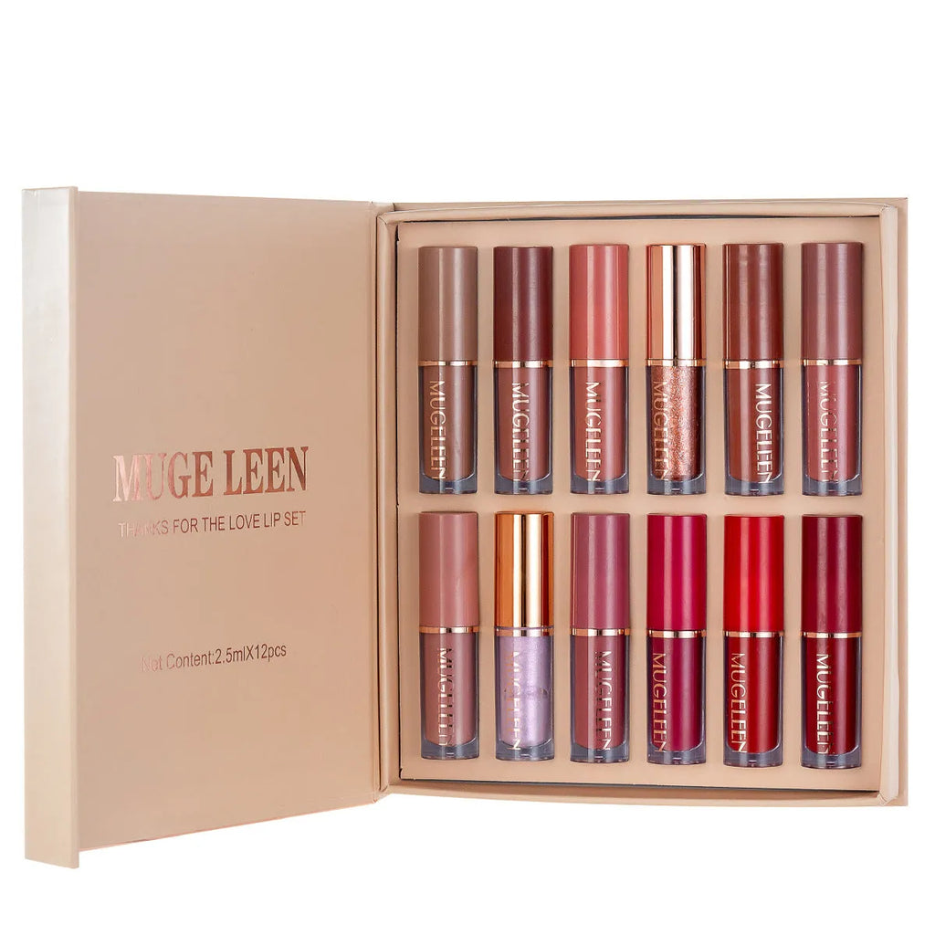 Matte shimmer lip glaze 12-piece set with non-stick cup formula showing twelve coordinated lipstick shades