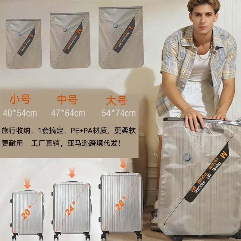Vacuum compression bag in PA PE with sizes 40x54cm, 47x64cm, 54x74cm and air suction pump