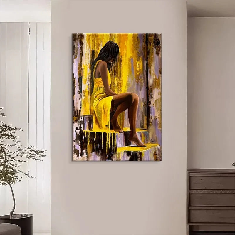 Hand-painted oil painting of a girl in a yellow dress on canvas for modern wall art