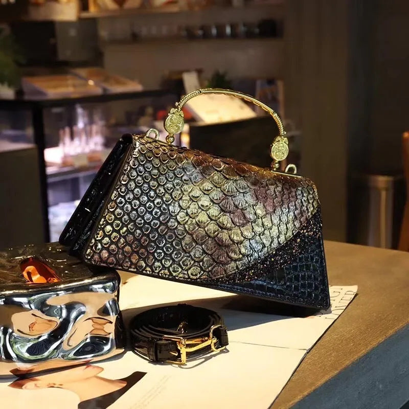 Genuine leather shoulder messenger bag in Black Gold contrast colour horizontal square shape with single strap
