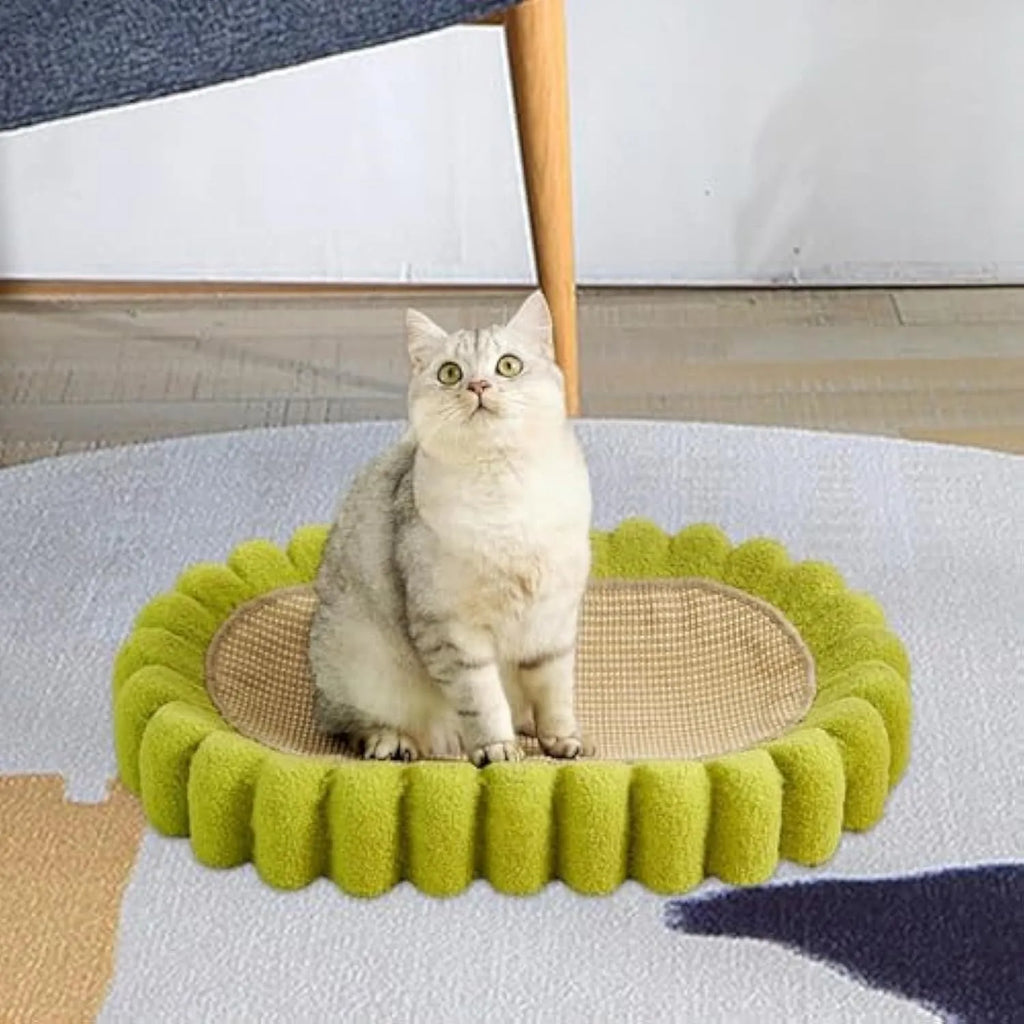 Green oval cat scratching pad and bed made from sisal fibre.