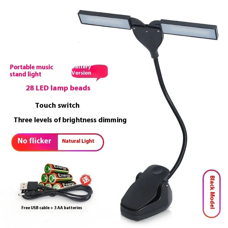 Black USB rechargeable music stand lamp with 28 LEDs clipped to a metal stand.