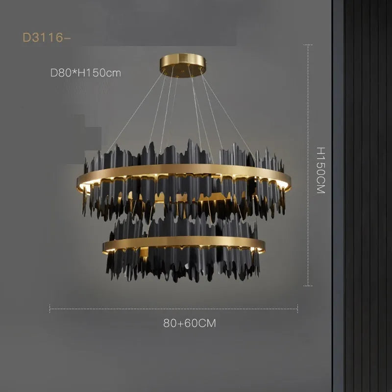 Postmodern Italian minimalist LED chandelier with organic glass shade in black (80x18cm size) for dining room