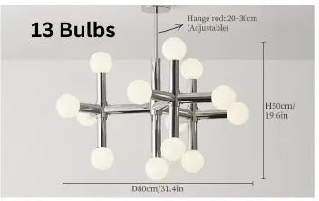 Nordic style chandelier with chrome finish, wrought iron frame, glass and aluminium details, 10 or 13 heads for restaurant or living room