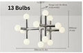 Nordic style chandelier with chrome finish, wrought iron frame, glass and aluminium details, 10 or 13 heads for restaurant or living room