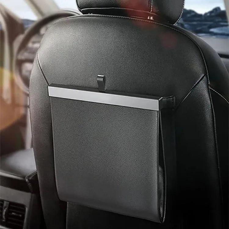 Car leather waterproof hanging garbage bag 27.5x26cm in black with light strip, shown inside a vehicle door pocket