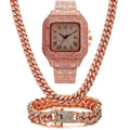 Roman numeral quartz watch set with bracelet and necklace in gold, rose gold, or silver.