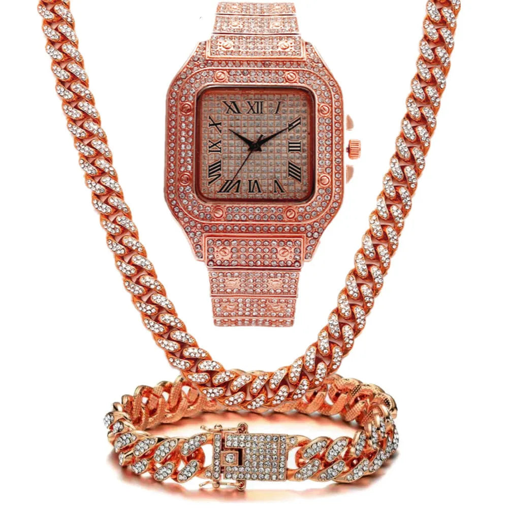 Roman numeral quartz watch set with bracelet and necklace in gold, rose gold, or silver.