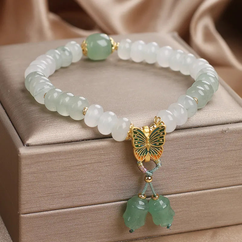 Green abacus beads jade bracelet with retro butterfly tassel and pearl rhinestone decoration