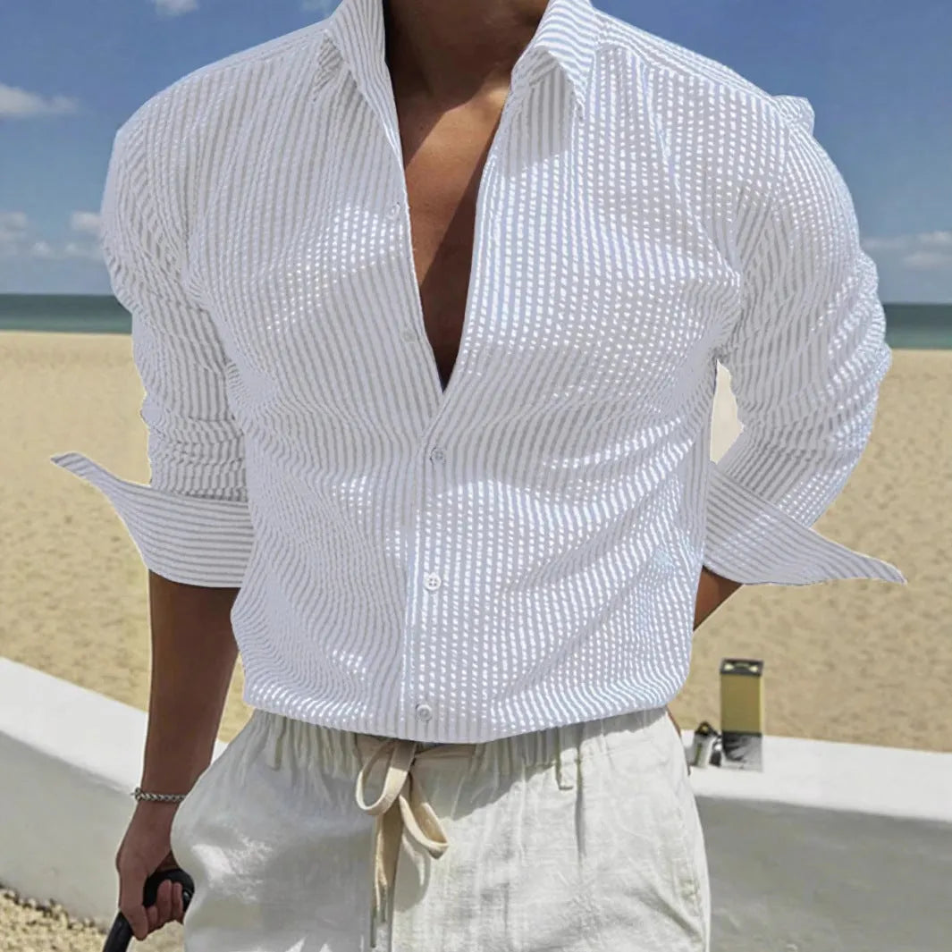 Men's blue striped long sleeve shirt with a cardigan lapel collar, laid flat.