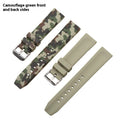 Blue camouflage silicone watch strap showing flat head design and texture.