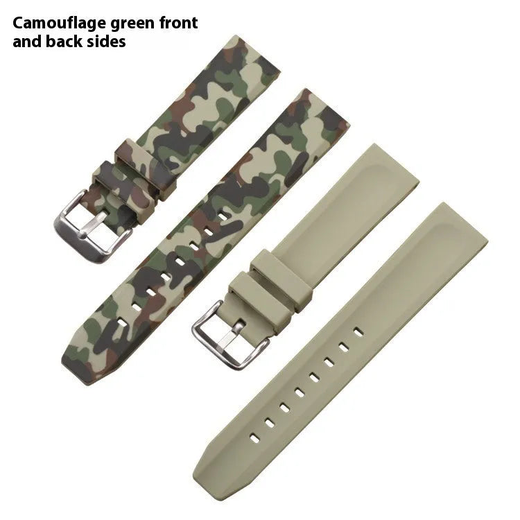 Blue camouflage silicone watch strap showing flat head design and texture.