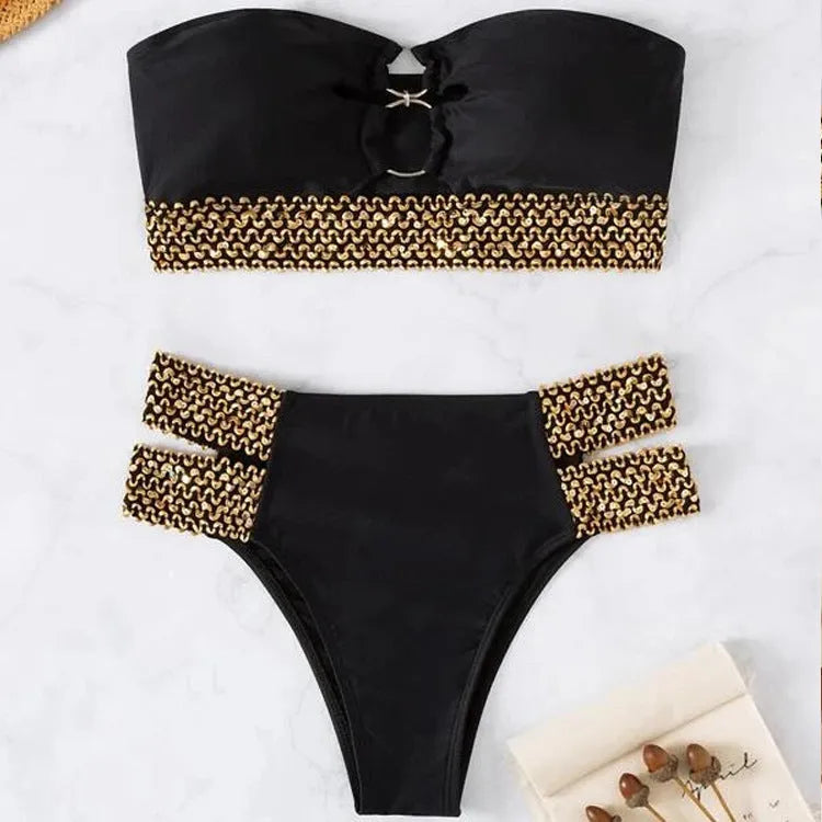 Hollow beach bikini split swimsuit with removable pads in black nylon fabric for women