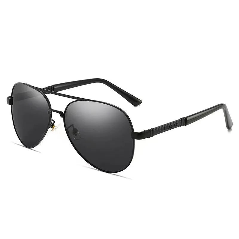 Men’s polarized metal sunglasses with grey lenses, black frame and dragon phoenix detail