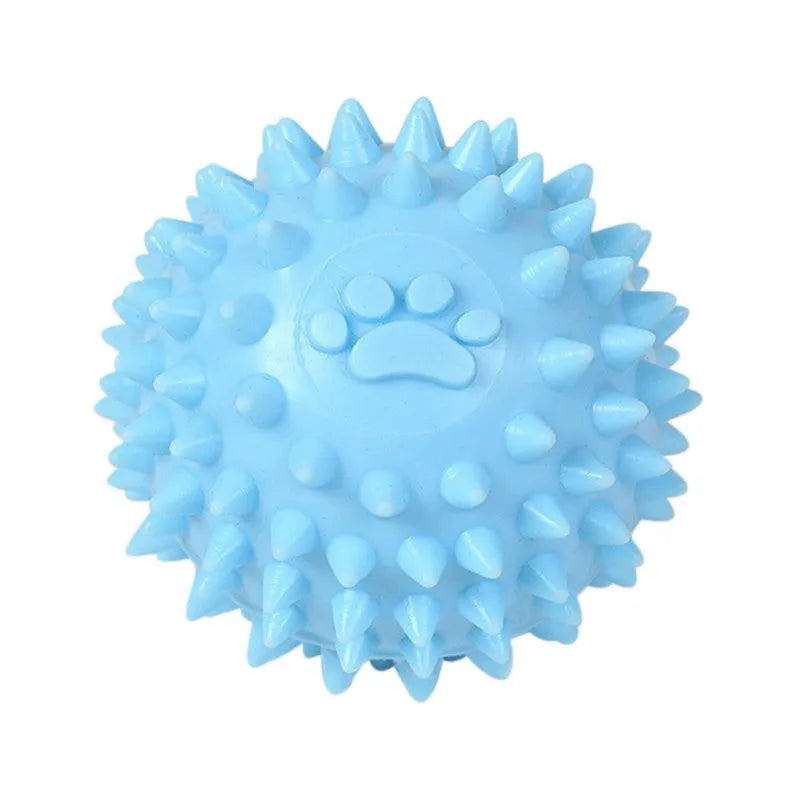 6cm blue TPR rubber dog chewing ball with textured footprint design for tooth cleaning