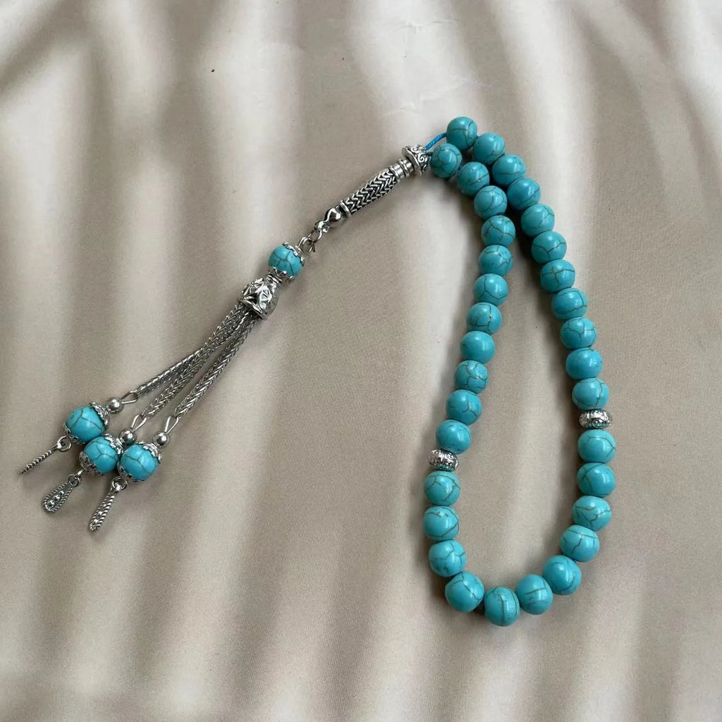 Sky blue stone Muslim prayer bracelet with 8mm beads for daily worship counting.