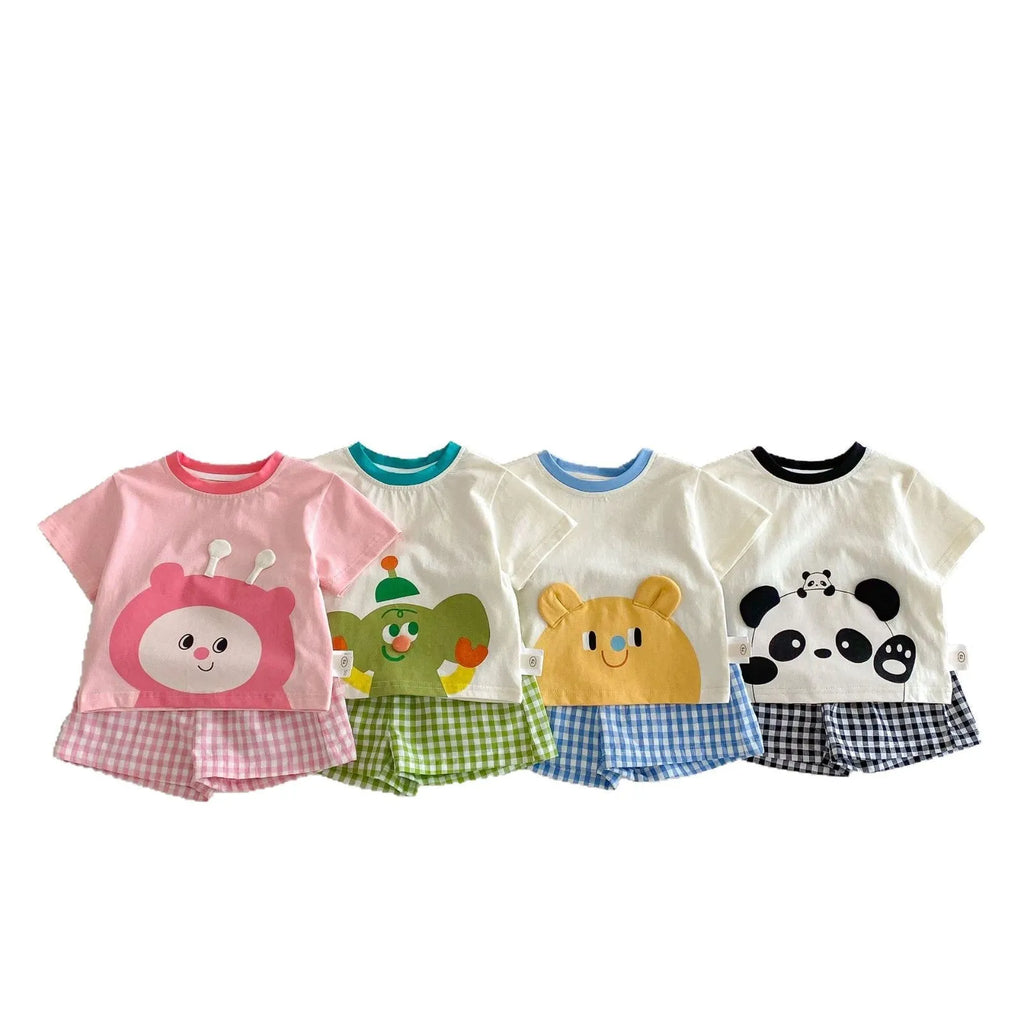 Girls' cotton cartoon T-shirt and plaid shorts two-piece set in avocado green and peach