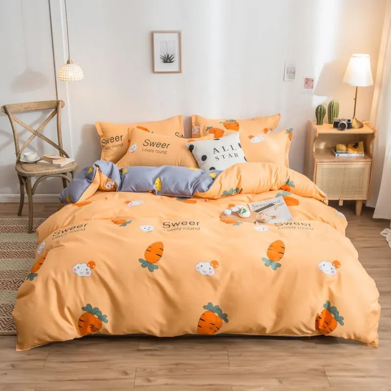 Cotton duvet cover and fitted sheet bedding set in a colour option, shown on a bed
