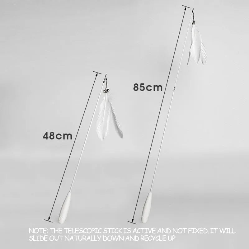 Telescopic cat fishing rod toy extended with goose feather teasers and self-hi bell