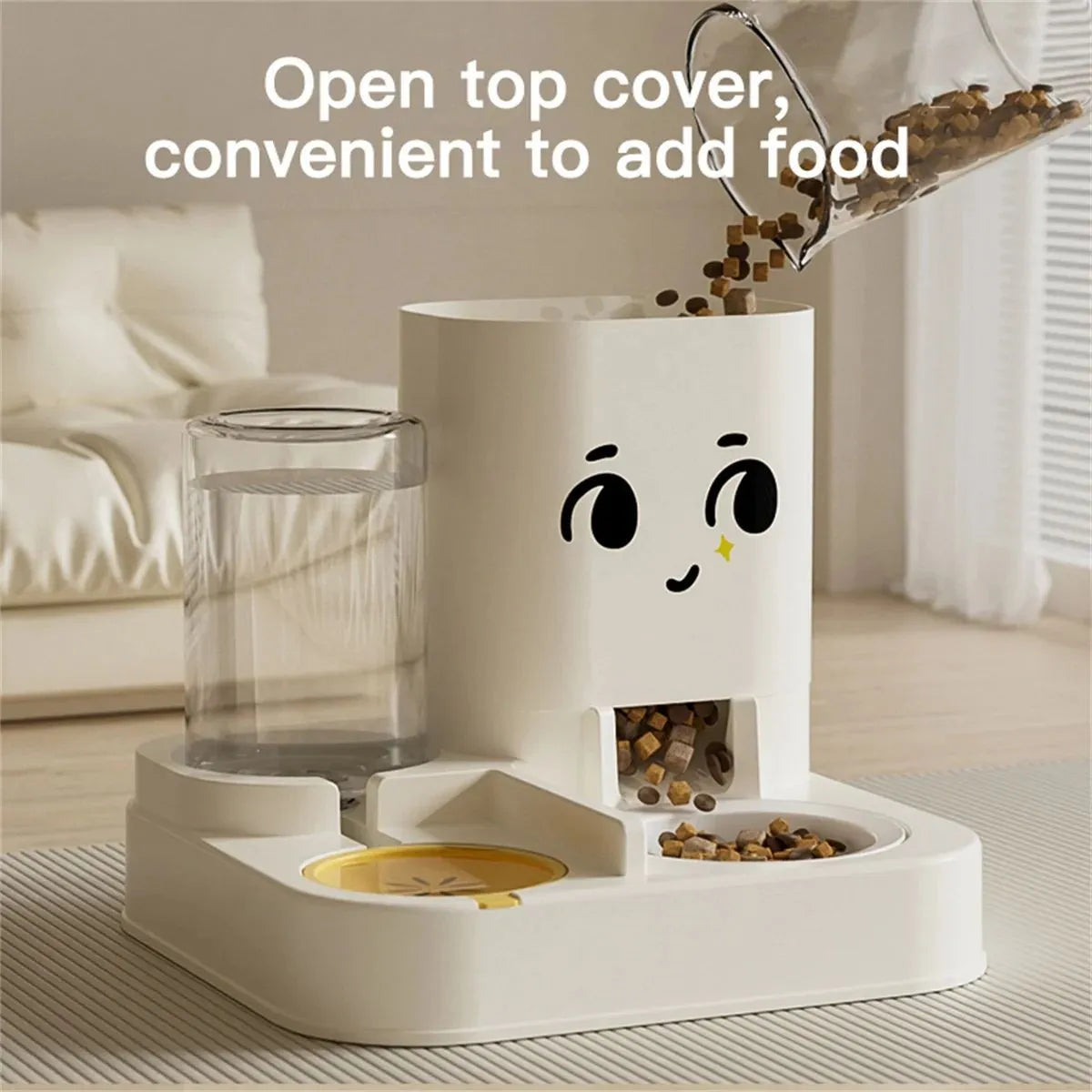 Pet cartoon feeding and watering dispenser in gray with large capacity plastic bowls for cats and dogs