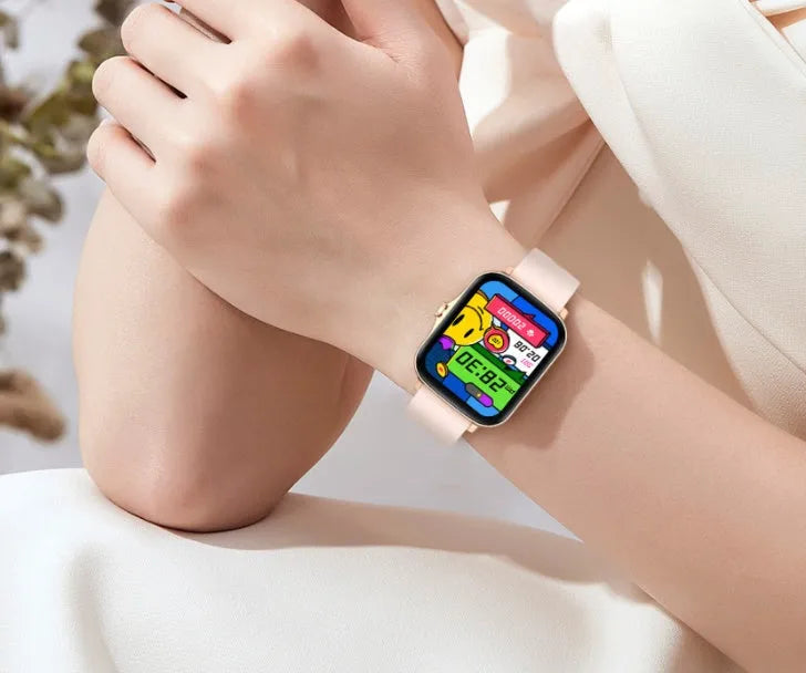 Blue smart sports watch with 1.7-inch touch screen on a wrist, showing a fitness tracking interface.