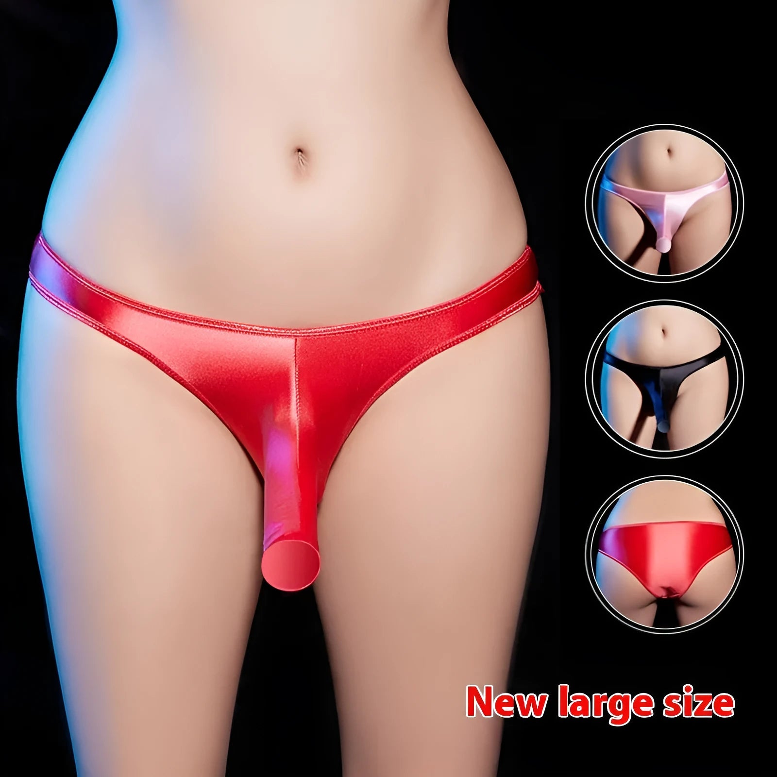 Men's low waist T-back underwear in shiny black nylon fabric on a white background.