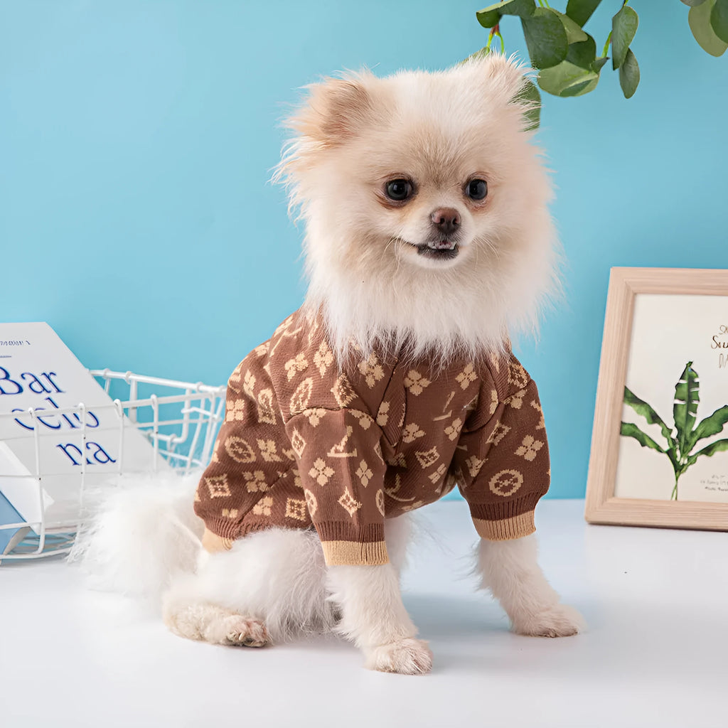 Thick wool dog sweater for autumn and winter in a two-tone colour on a medium-sized dog.