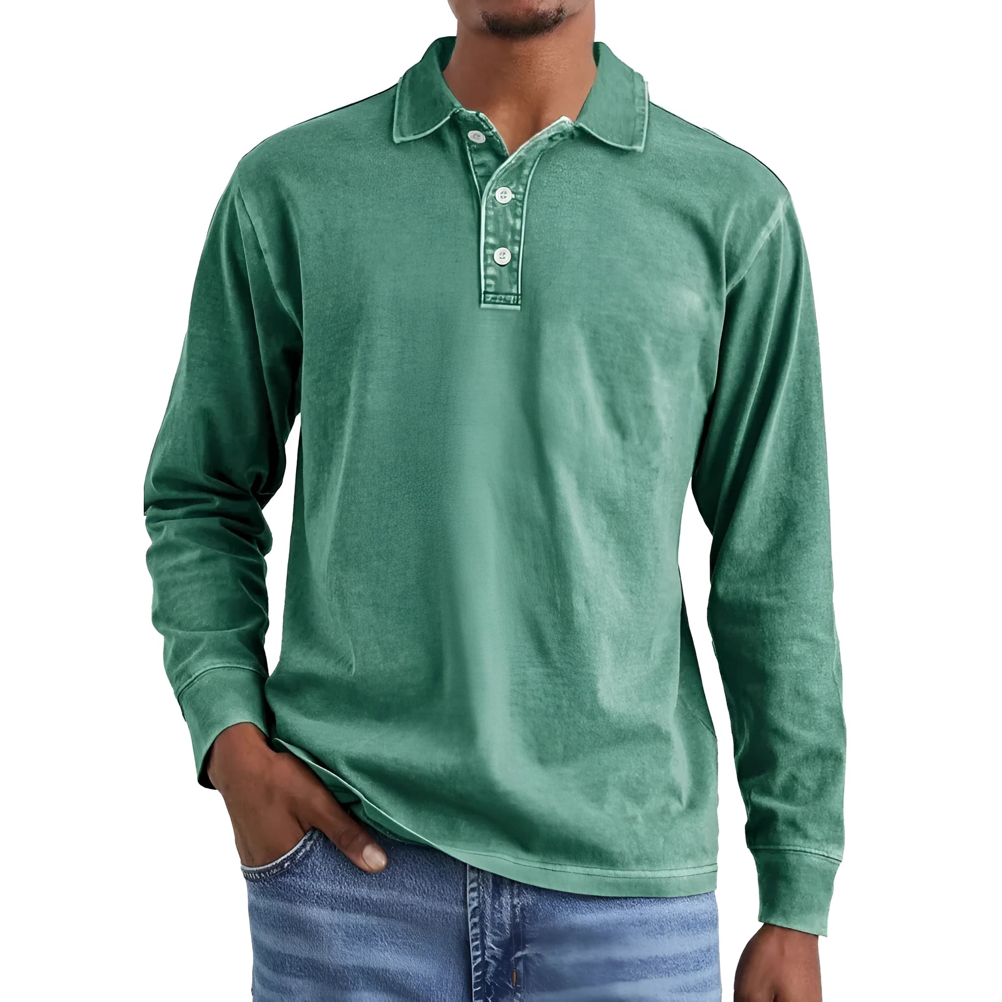 Retro washed distressed pure cotton men's long sleeve polo shirt with a lapel collar.