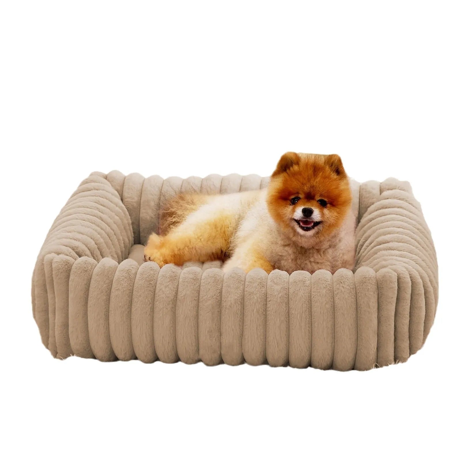 Beige raised cushion pet bed for a medium-sized dog on a wooden floor.