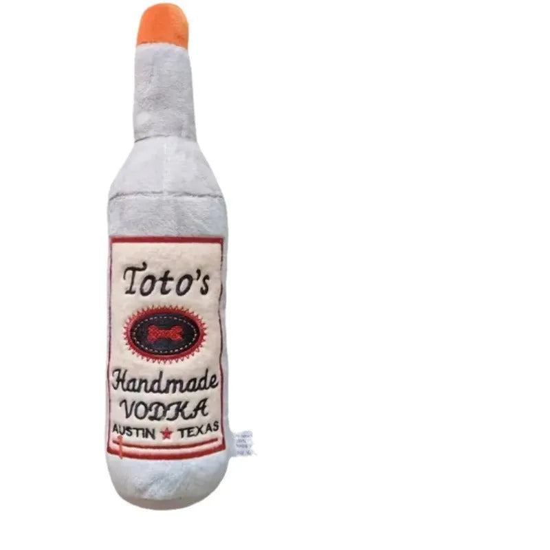 Brown plush wine bottle shaped dog toy with squeaker