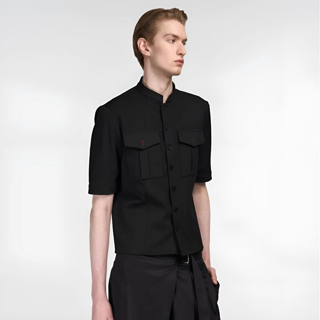 Black loose-fit half-sleeve hunting shirt with a shirt collar on a hanger.