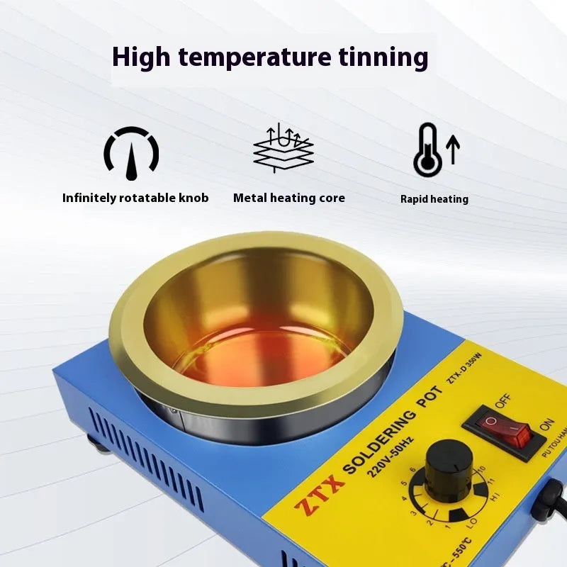 A desktop thermostat-controlled tin melting furnace with adjustable temperature dial.