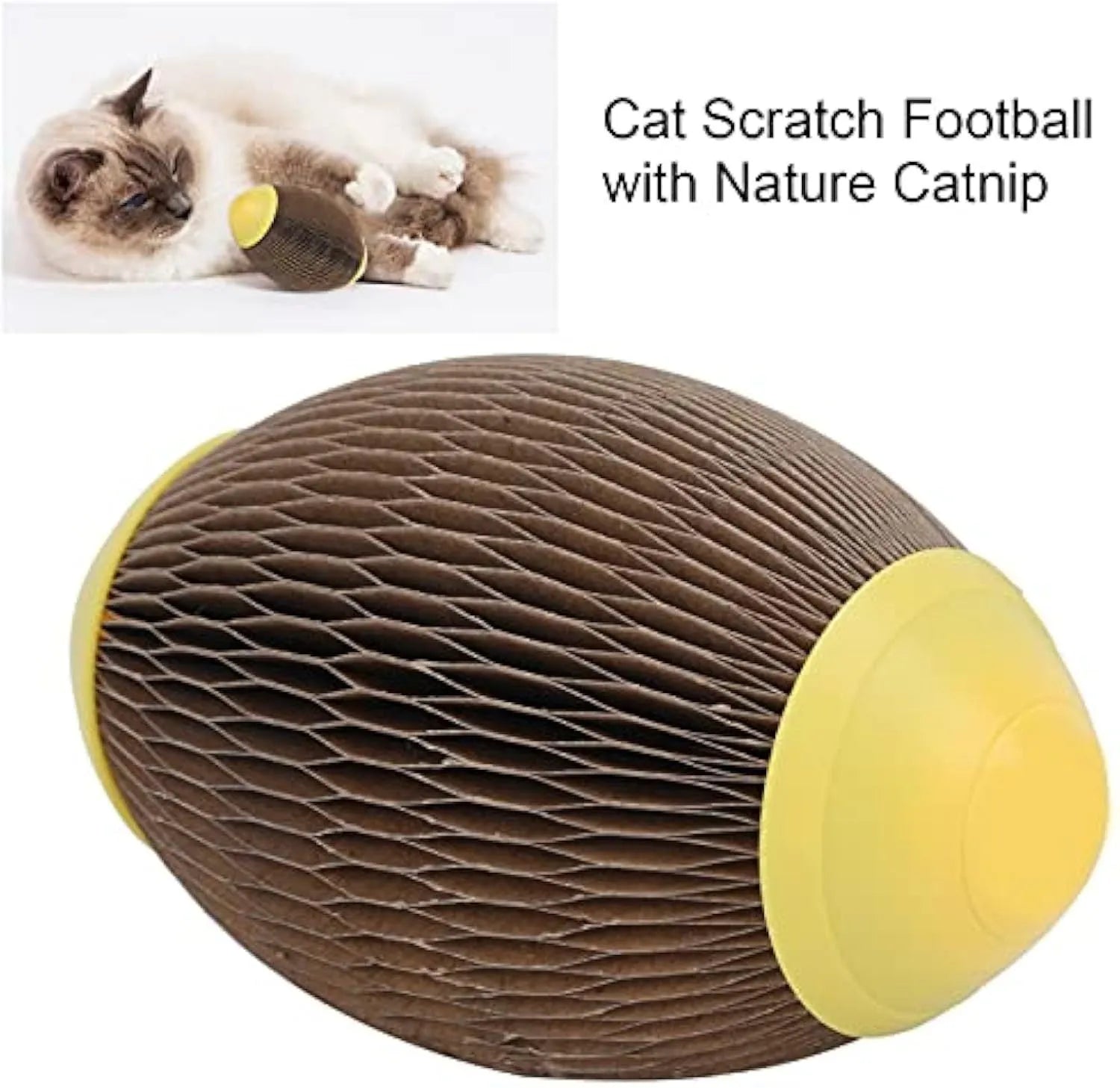 Elliptical catnip scratch football toy made from recycled corrugated paper
