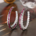 Silver needle stud earrings with zirconia, copper geometric ring design, red corundum or blue spinel