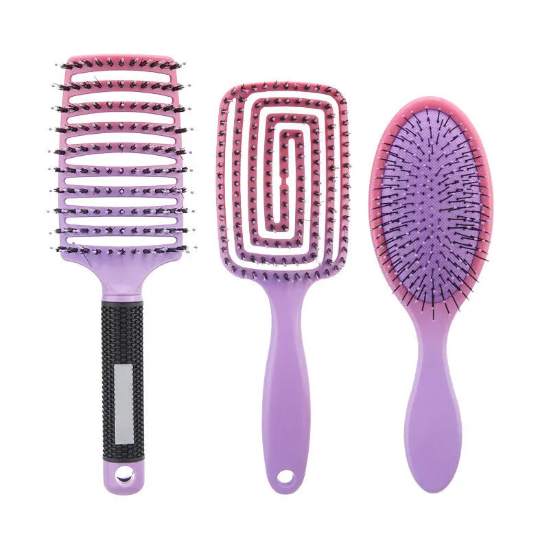 Gradient curly hair hollow comb set with three combs in blue, orange, purple and red gradient colours
