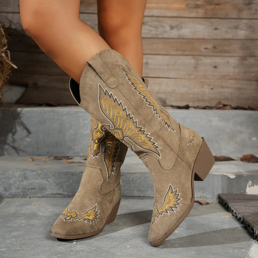 Women's suede embroidery mid heel knight cowboy boots in black with thick heel and high shaft