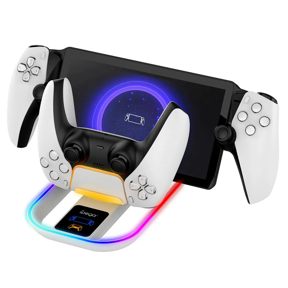 White ABS charging base for PS5 Portal and PS5 controller with colourful LED and Type-C cable