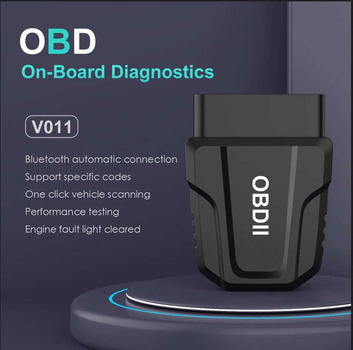 ELM327 V011 Bluetooth OBD2 diagnostic adapter with 9-16V range and -20 to 80°C operating temperature.