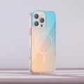 Glossy transparent magnetic case for iPhone on a table, showing chameleon colour-shift effect.