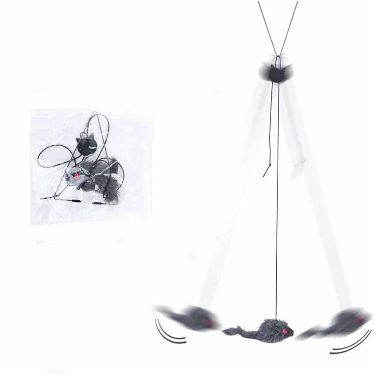 Hanging cat toy with plush mouse, 180cm elastic rope, adjustable buckle, and triangle hook in grey