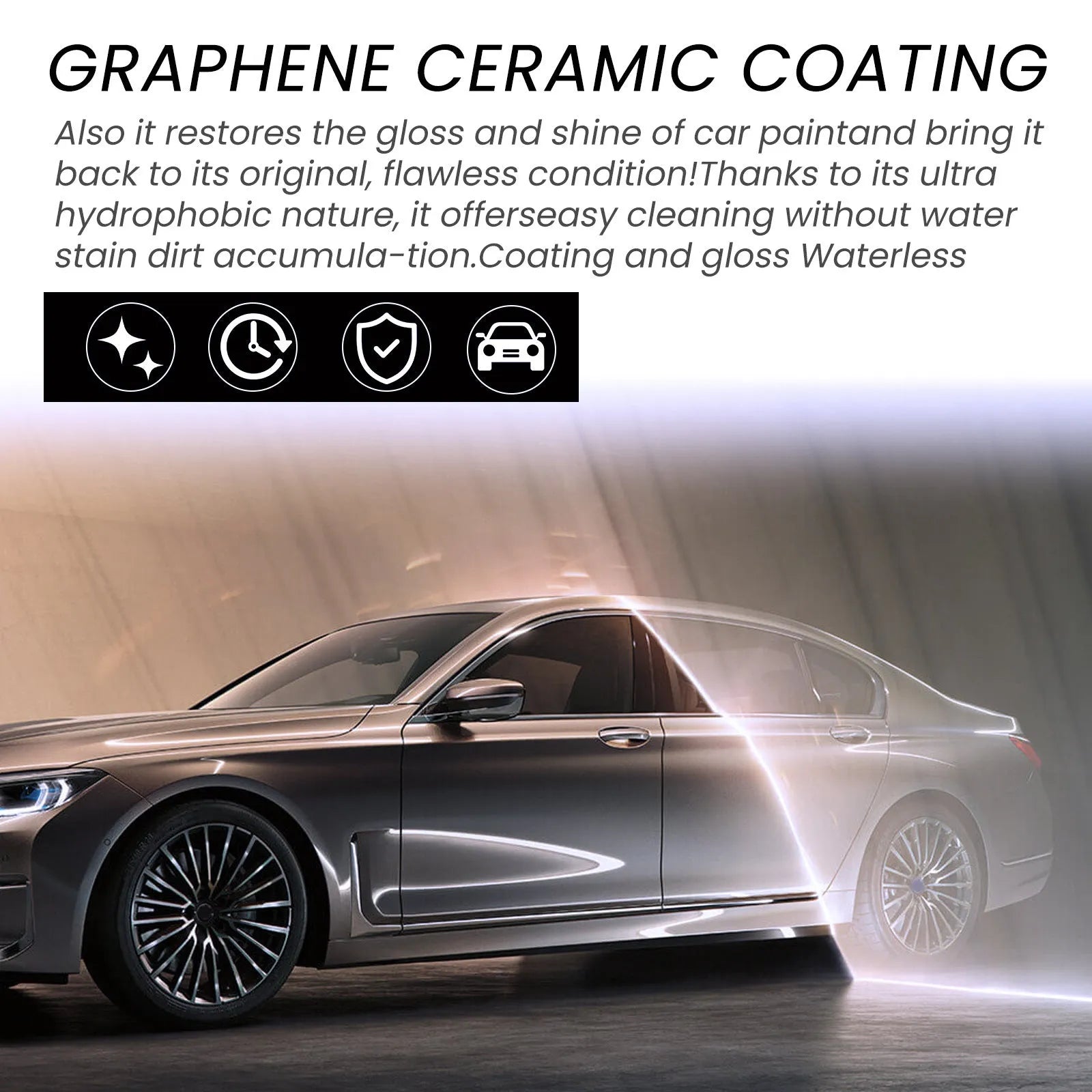 70ml bottle of automotive graphene ceramic coating with sponge, towel, gloves, and cloths laid out.